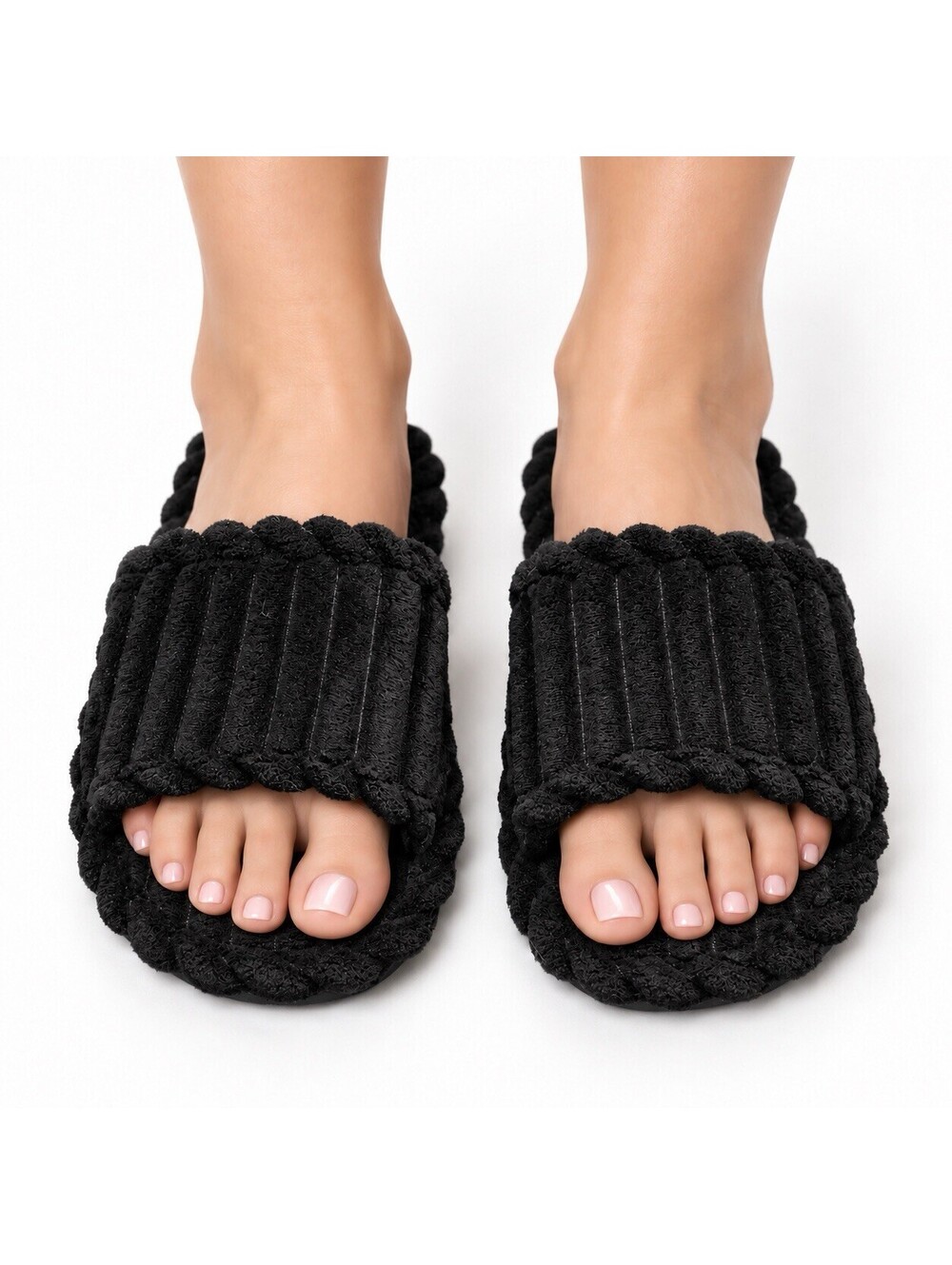 Skonie Black Corduroy House Slippers Open Toe Slide Women Size CN 38-39 US 7.5-8